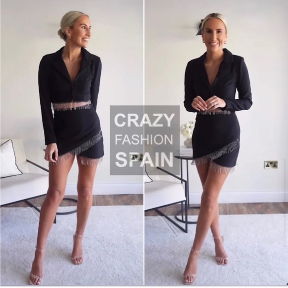 NWT Zara black mini skirt with silver rhinestone fringe detail - Picture 3 of 9